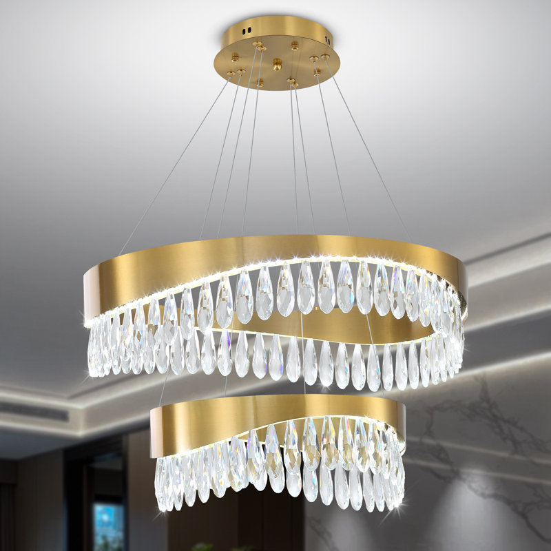 2 Ring Gold Crystal Chandelier For Dining Room, Living Room