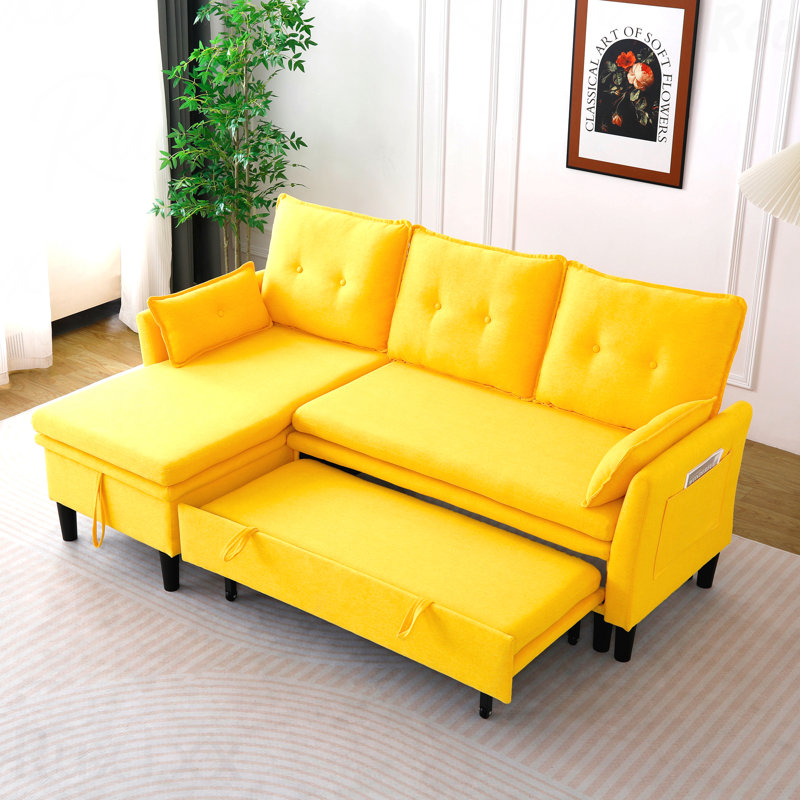 Canapé modulaire à méridienne réversible en L - Tissu en coton et lin, avec rangement, Jaune
