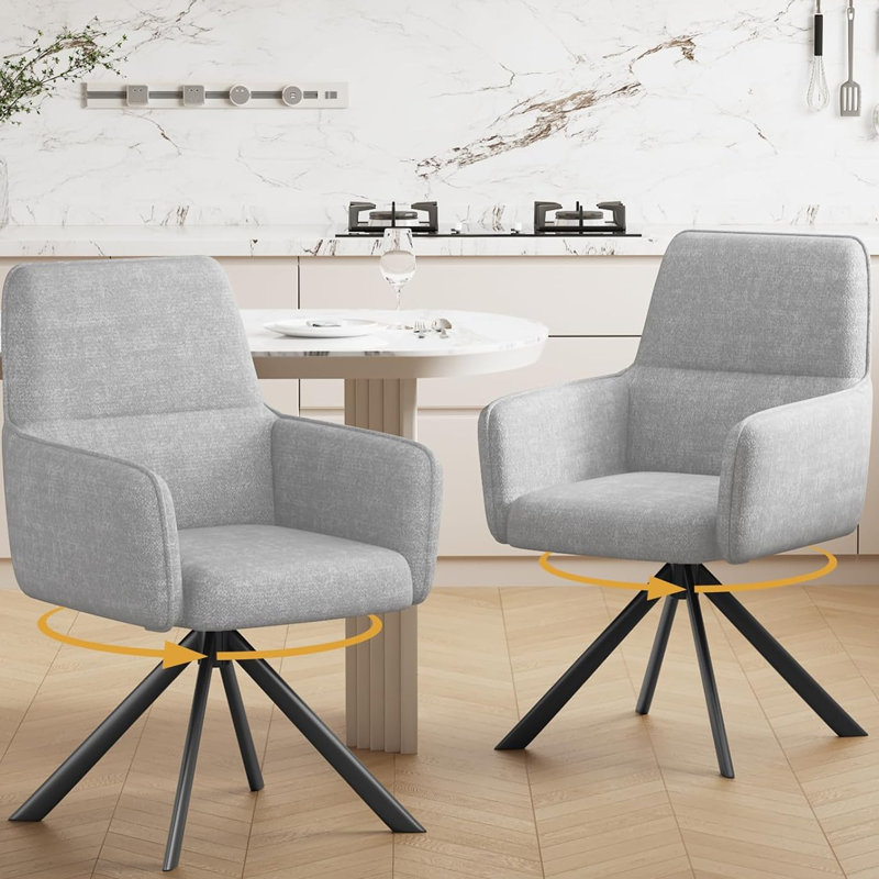 Simple Solid Color Chenille Dining Chair with Armrests, Light Gray