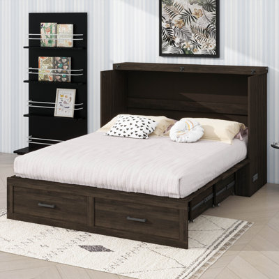 Foldable Queen Size Farmhouse Murphy Cabinet Bed With Integrated Charging Station, Featuring A Spacious Storage Drawer