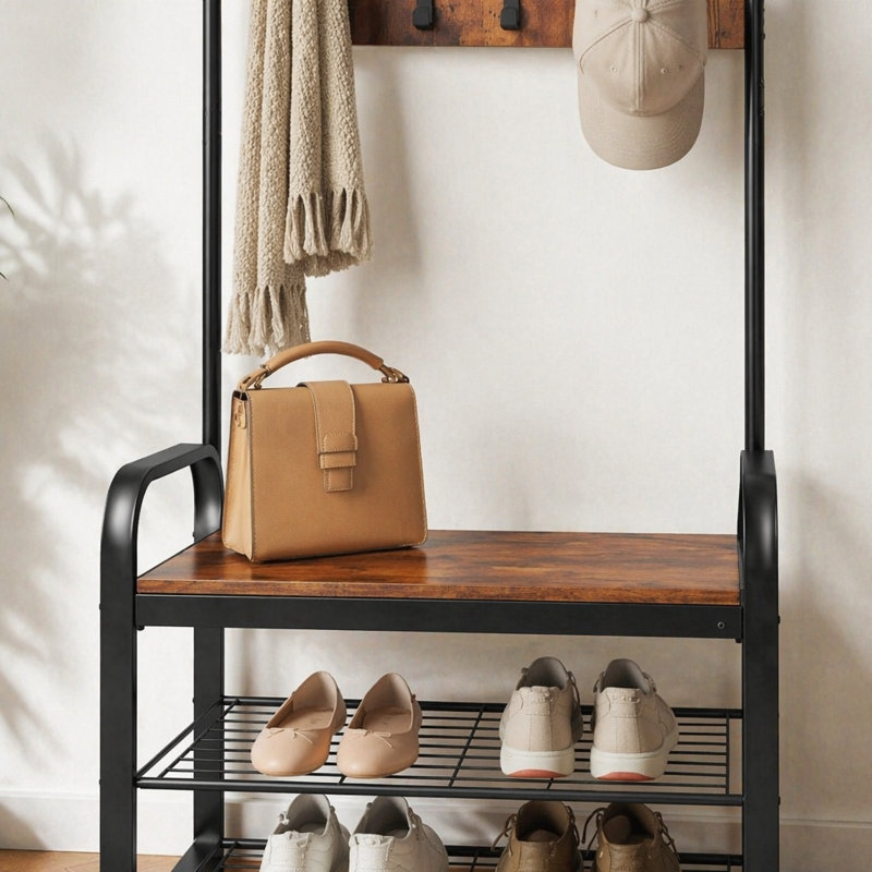 Portemanteau, portemanteau avec banc à chaussures pour le vestibule, banc de vestibule avec portemanteau, 4 en 1, avec 9 crochets amovibles, une tringle suspendue, 13,8 x 25,2 x 72,8 pouces