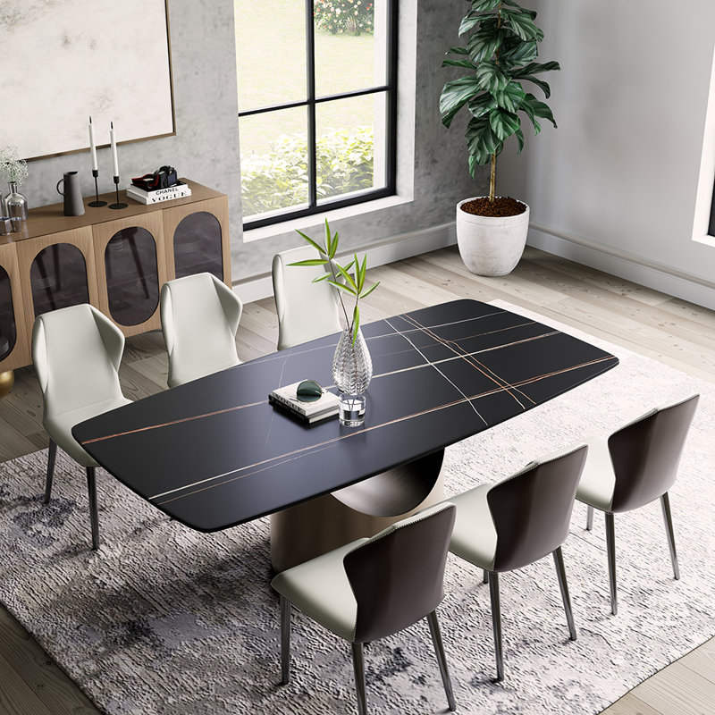 Hobart Modern Dining Table with Rectangular Sintered Stone Tabletop, Carbon Steel Leg, Black,  39.37" D x 78.74" L