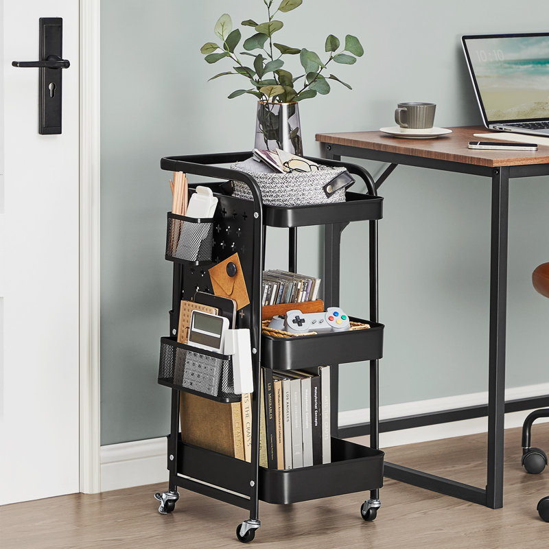 29.1'' H X 17'' W 3-Tier Rolling Utility Cart with 2 Hanging Holders, 2 Removable Pegboards and 4 Hooks, Black