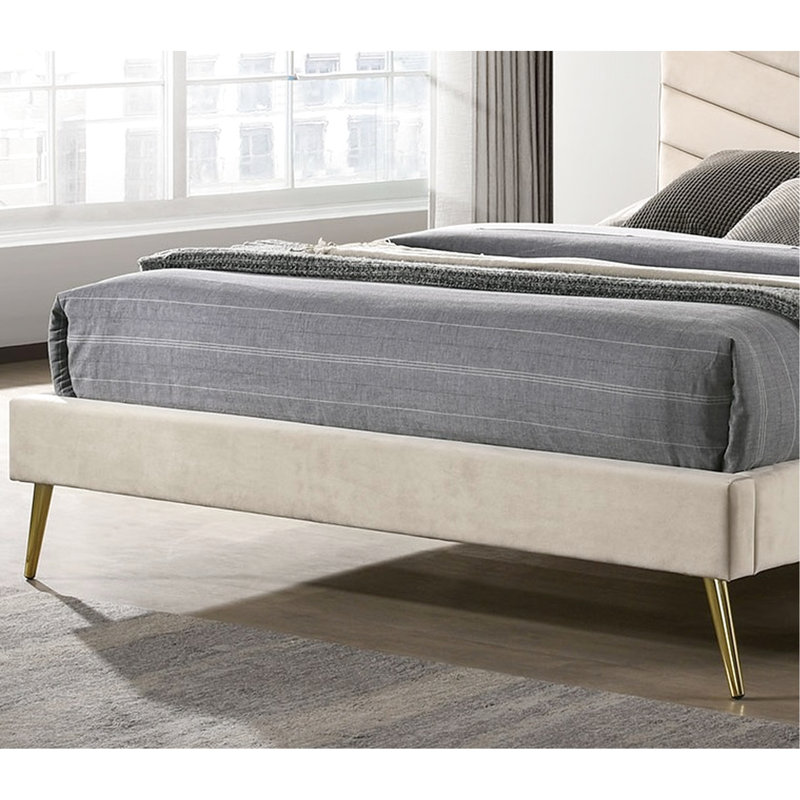 Lit avec cadre de style Mid-Century moderne et tête de lit en tissu beige, Lit double