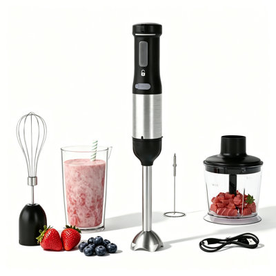 WHALL 5‑in‑1 Cordless Immersion Hand Blender, Variable Speed Rechargeable Stick Blender with 700ml Beaker, Whisk, Milk Frother & Food Chopper, Stainless‑Steel Blending Shaft for Smoothies, Soups & Baby Food