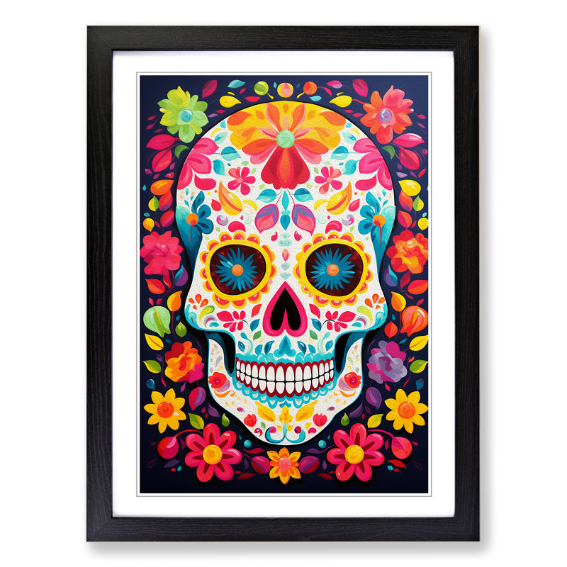 Sugar Skull Colour Field No.3 - Single Picture Frame Print on Wood, 46cm H x 34cm W x 2cm D, Black
