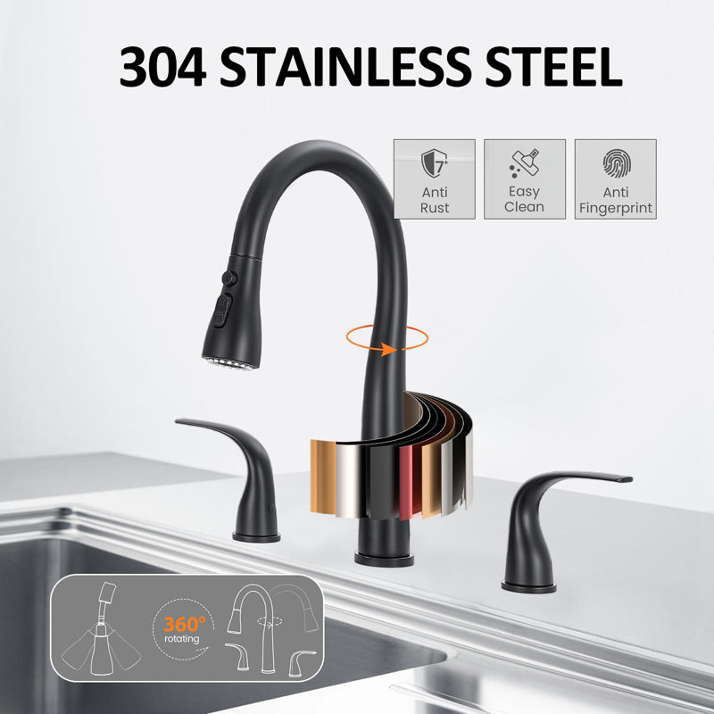High Arc Kitchen Sink Faucet Kitchen Faucet 3 Holes With Pull Down Spray Head, 2 Handles With 3 Function Spray Heads, Stainless Steel