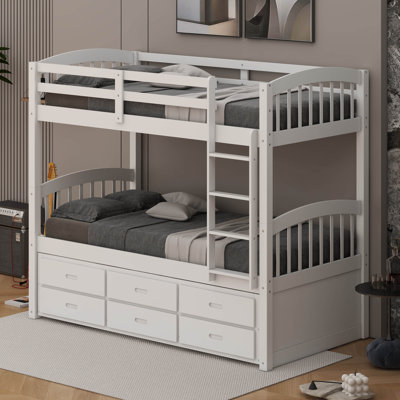 Twin Over Twin Bunk Bed With Storage Drawers, Solid Wood Bunk Bed Frame With Trundle