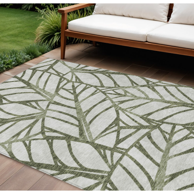 Tapis extérieur lavable floral vert olive et beige 10 pi x 14 pi