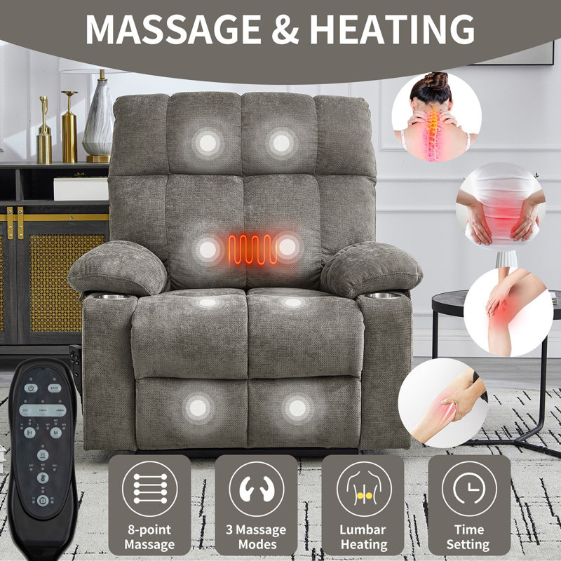 Electric Power Lift Chenille Recliner With Heat And Massage, Brown