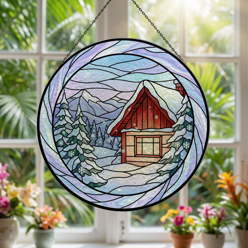 Panneau de vitrail 12 "H Winter Cabin, 12" H x 12" W