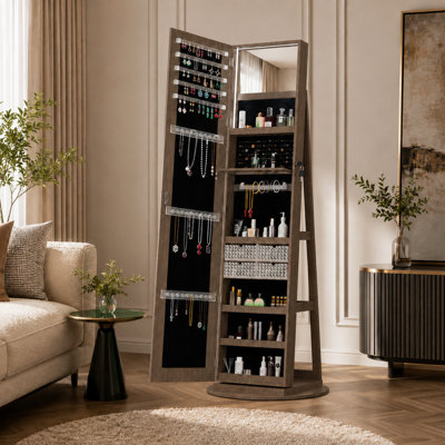 Armoire à bijoux pivotante à 360 ° avec miroir pleine grandeur, organisateur d'armoire à bijoux sur pied pivotant à 360 °, armoire de rangement verrouillable, miroir intérieur éclairé, noyer clair