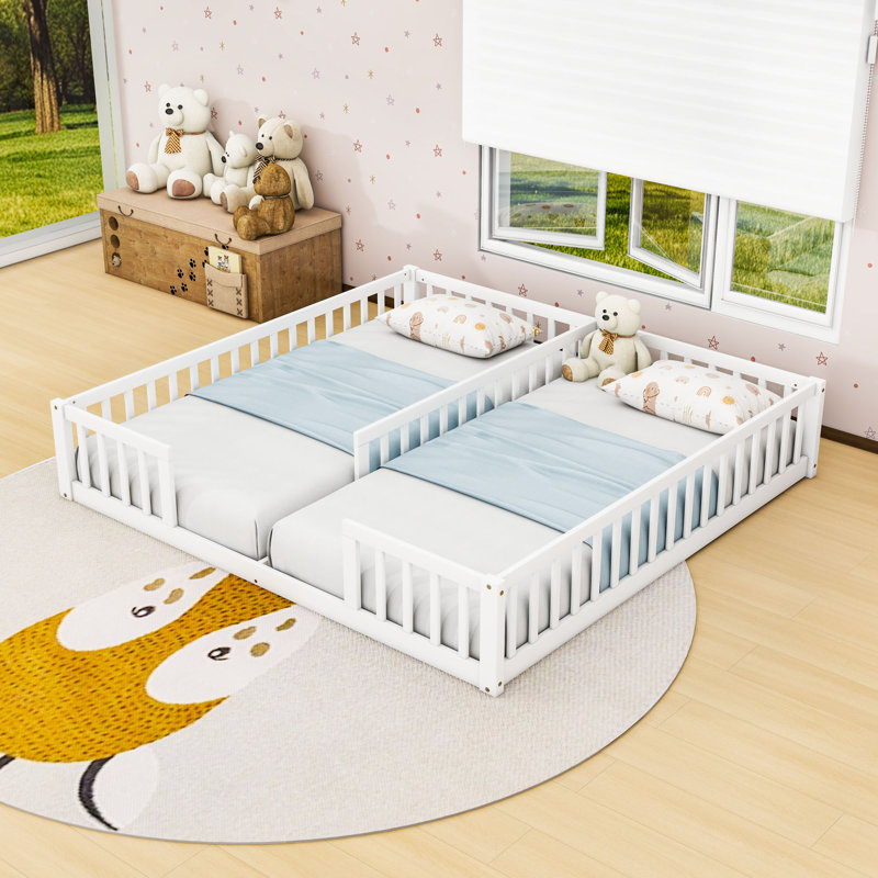 Twin & Twin Wood Double Floor Bed With Guardrails, White