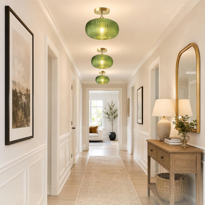 Plafonnier semi-encastré, luminaires de couloir, plafonnier en verre avec abat-jour vert, plafonnier de cuisine, plafonniers verts rétro, éclairage de plafond rétro pour porche d'entrée
