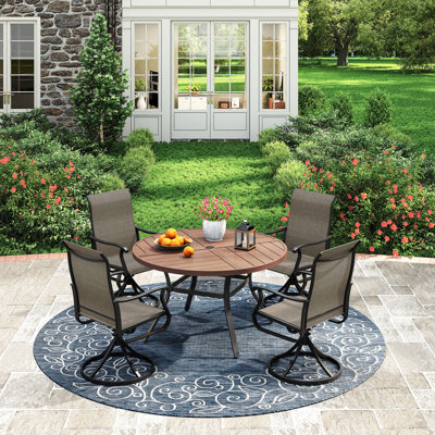 Outdoor Patio Dining Set - 41.7” Round Table with Umbrella Hole & Storage Shelf + 4 Swivel Chairs