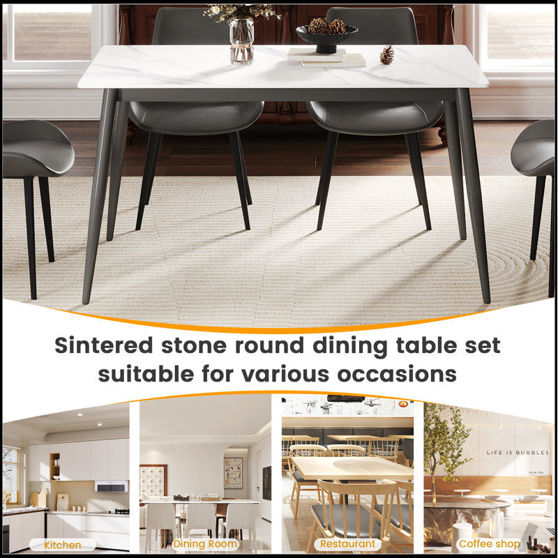 Modern Artificial Stone Dining Table with Straight Edge and Dark Grey Metal Legs, Accommodates 6 People, White