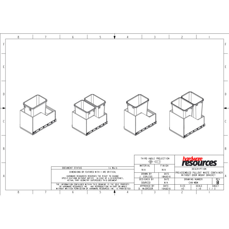 Preassembled 35 Quart Double Pullout Waste Container System, Black, 12.5, 23.75" H x 15" W x 21.375" D