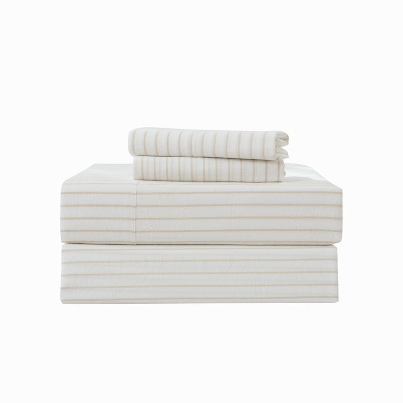 MooMee Striped Sheet Set 100% Washed Cotton Linen Like Textured Breathable Lightweight, Queen Sheet Set with 2 Pillowcases