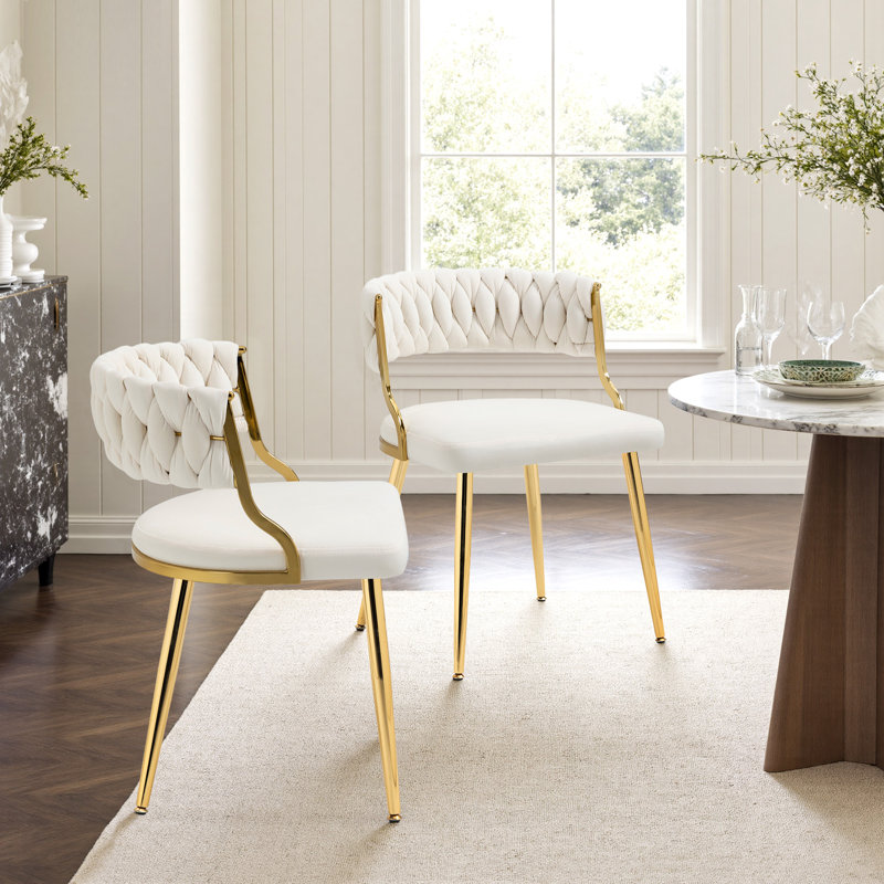 Christal 2 Piece Tufted Velvet Curved Weaved Back with Metal Legs Side Dining Chair Set, Ivory