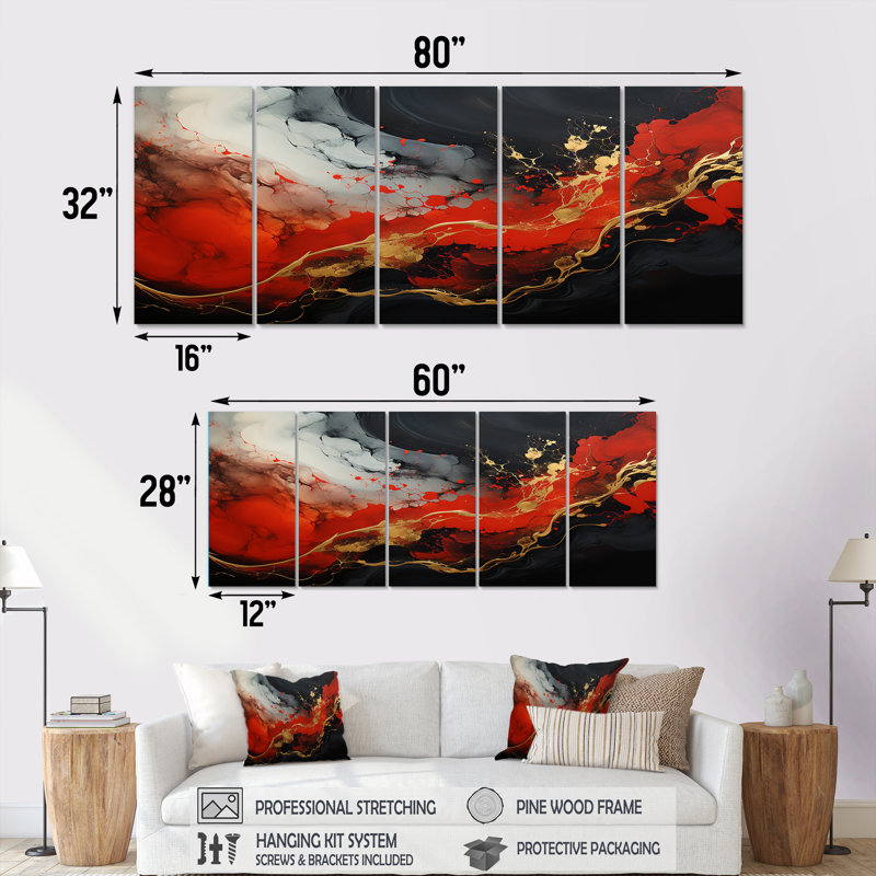 "Red and Gold Marble Fire II" - peinture abstraite, art mural 5 pièces, H 28 po x l 60 po