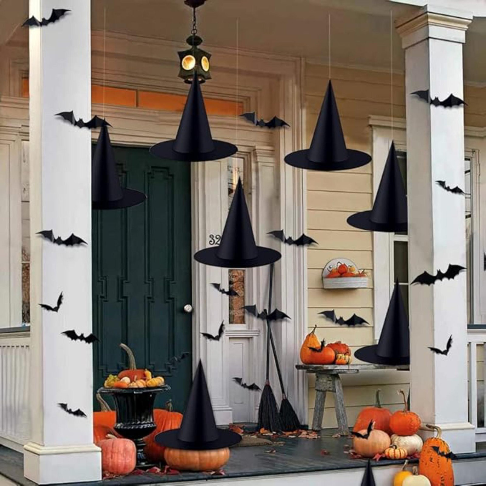 12-Piece Halloween Witch Hat and 3D Bat Decor Set