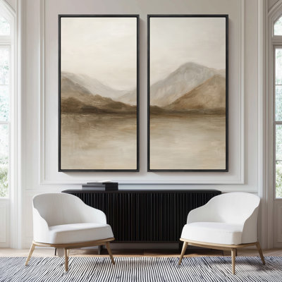 Soft Neutral Mountain Range Landscape - Set of 2 Framed Wall Art Print on Canvas 60"x30"x2pcs