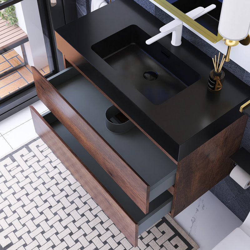 36 po W Meuble-lavabo mural simple avec lavabo noir, Noyer