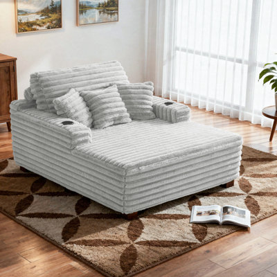 Upholstered Compression Light Gray Faux Fur Chaise Lounge Sofa Bed Couch with Cup Holder and Throw Pillows