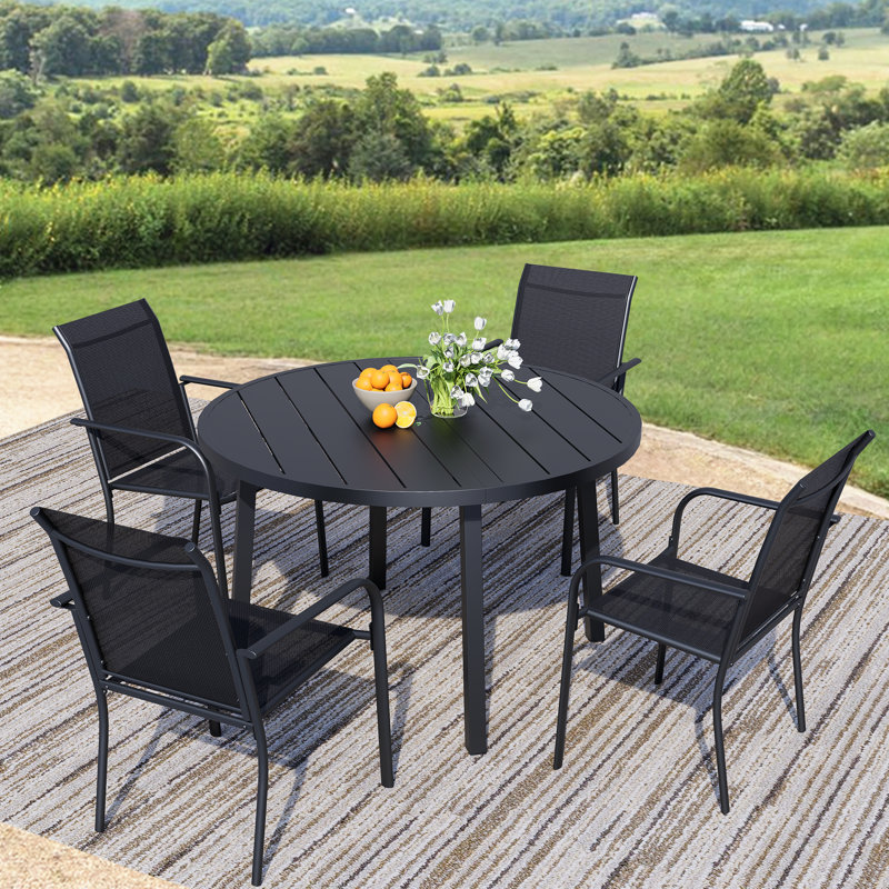 5-Piece Outdoor Dining Set, Round Metal Table With 4 Black Chairs, Black Patio Table With Umbrella Hole For Garden, Yard, Patio