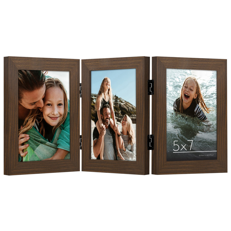 Cadre à charnières pour bureau trois photos - Bois composite et verre incassable, Noyer, 5 po x 7 po
