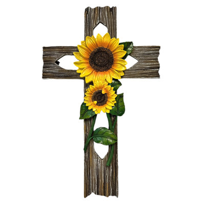 Polyresin Bright Yellow Sunflower on Distressed Faux Wood Layers Farmhouse Accent Hanging Wall Cross