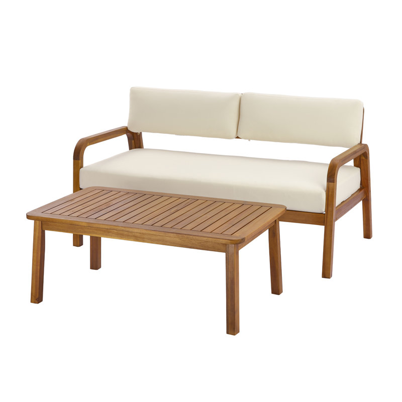 Ensemble de causeuse et table basse d'extérieur 2 pièces avec coussins crème, structure en bois d'acacia