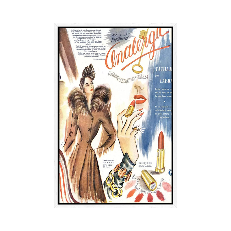 1930s Lipstick Magazine Advert 1 Piece Wall Art on Canvas, 66.04 cm H x 45.72 cm W, White Framed