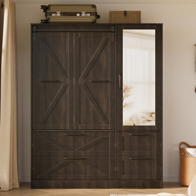 Armoire penderie avec porte de grange coulissante pliante et lumières à capteur (brun, 3 portes)