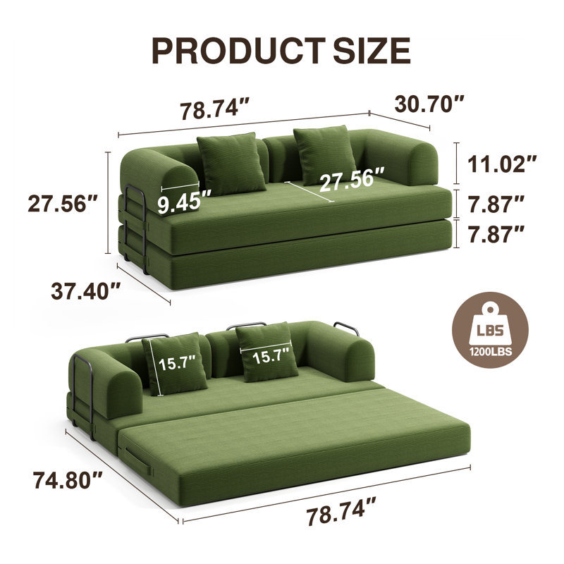 Boneless Modern Convertible Sleeper Sofa Bed with 2 Pillows - Foldable Floor Couch, Modular Sectional for Living Room, Bedroom & Studio, No Assembly Required