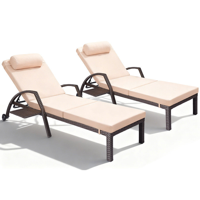 Chaise longue de patio avec plateau latéral escamotable et roulettes, fauteuil inclinable d'extérieur réglable en osier avec coussins épais pour piscine, cour arrière, beige (ensemble de 6)