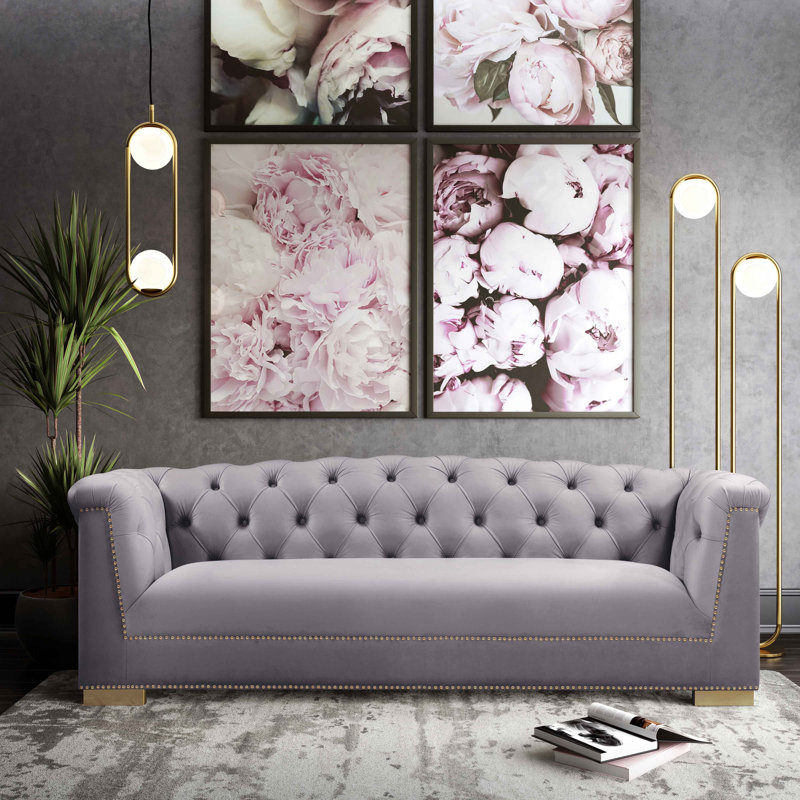 92.1" Velvet Rolled Arm Sofa, Light Gray Velvet, 28.7" H x 92.1" W x 35" D