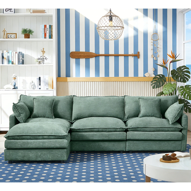 3-Seater Comfy Cloud Couches With Movable Ottoman, Mint Green