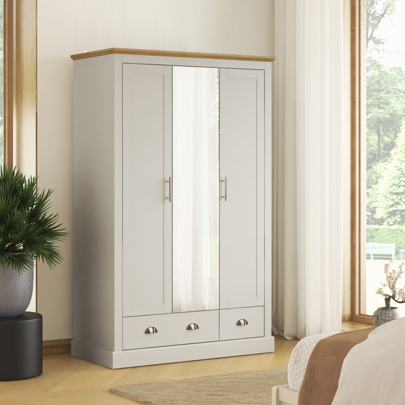 Sufy Annakay 3 Door 2 Drawer Wardrobe with Mirror, Light Grey
