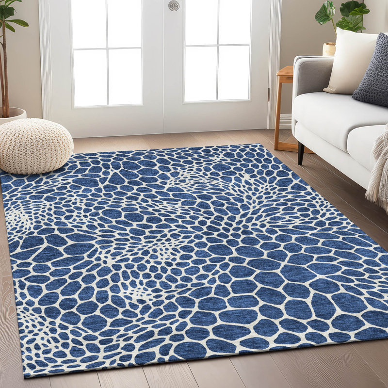 Machine Washable Indoor/Outdoor Colwart ACN919 Navy 8' x 10' Rug, Rectangulaire 8 pi x 10 pi
