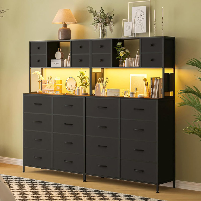 12 Drawer Fabric Dresser with Charging Station & LED Lights, Tall Storage Cabinet with Open Shelves, Black