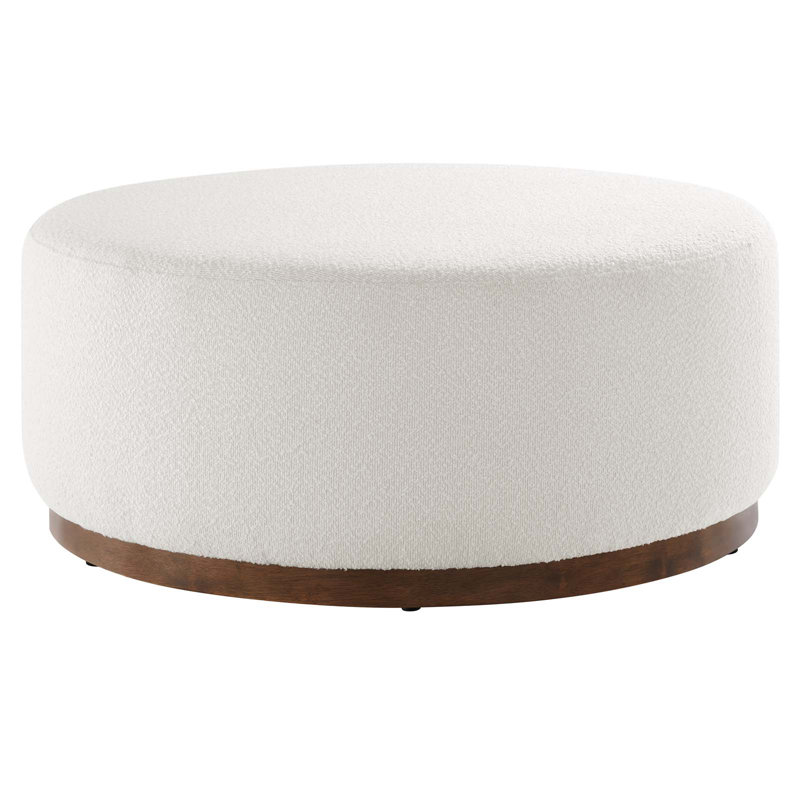 Tilden Large Round Off-White Boucle Upholstered Ottoman with Walnut Base