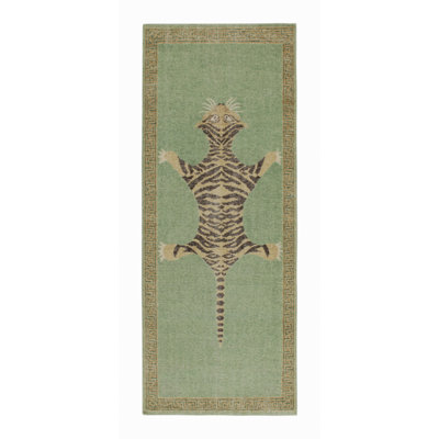 Rug & Kilim’S Distressed Tiger Runner In Green, Beige & Black Pictorial