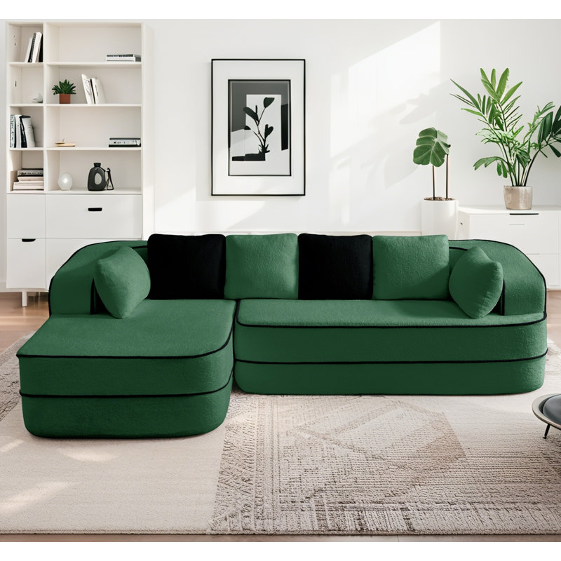 Canapé modulaire en L 106 po sans assemblage en L Teddy - Accoudoirs courbés et couleur contrastante pour le salon, Vert