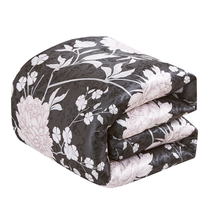 Ensemble d'édredon réversible en velours 5 pièces Lodgeliving, Gris et rose / motif floral