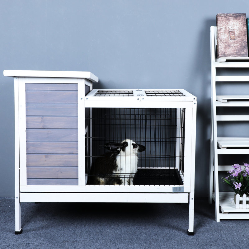 Petit animal en bois gris avec - Spacieux, facile d'entretien, plusieurs entrées, filet en métal pour animaux et créatures, plateau de fuite,