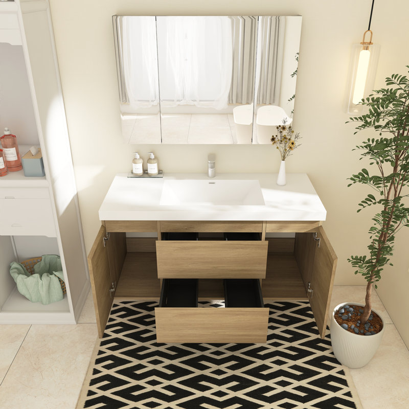 48 po X P 20 po P x 22 po Meuble-lavabo flottant simple H avec plateau en résine blanc brillant, Chêne naturel