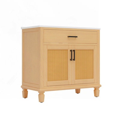 Meuble-lavabo en rotin avec lavabo en céramique, meuble-lavabo avec 2 portes à fermeture douce et 3 tiroirs