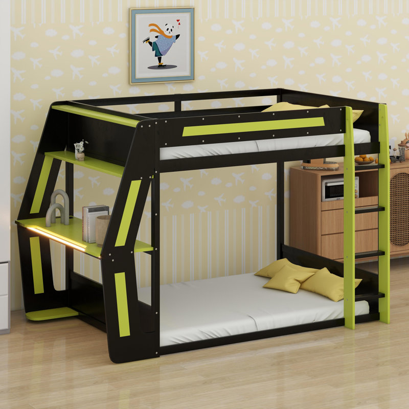 Gaming Bunk Bed With Side-Mounted Oversized RGB Desk, Green