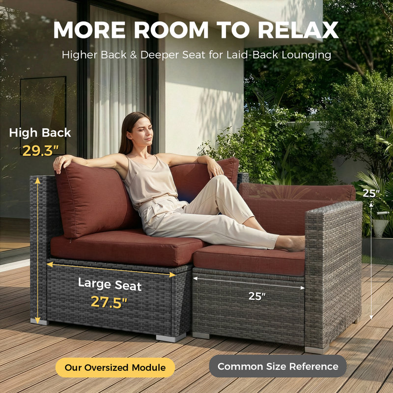 8 - Person Wicker Patio Conversation Furniture Set with Fire Pit Table and Cushions, Sectional Deep Seating Group, Gray, Red